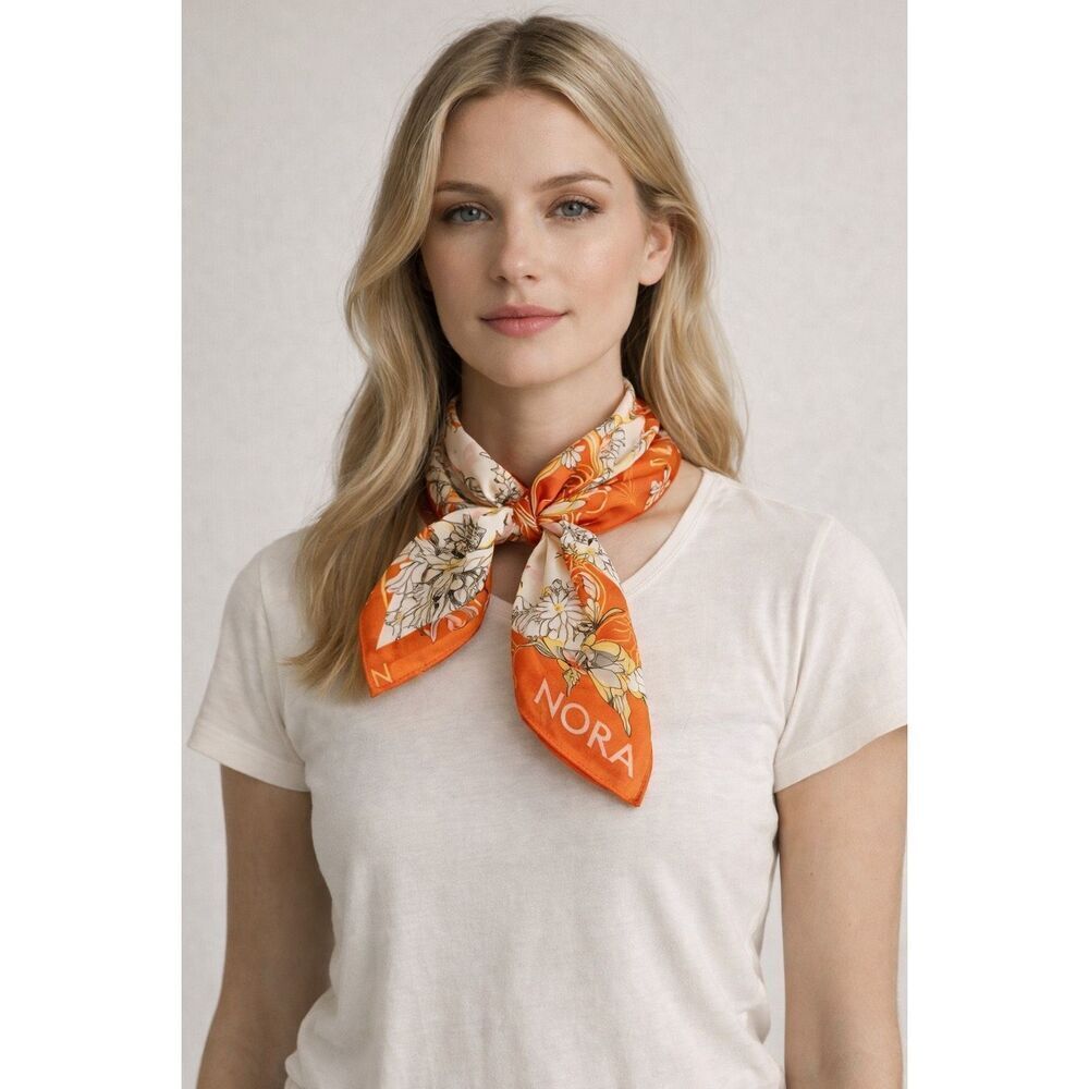 NORA Orange Floral Butterfly Square Scarf Lightweight Wrap